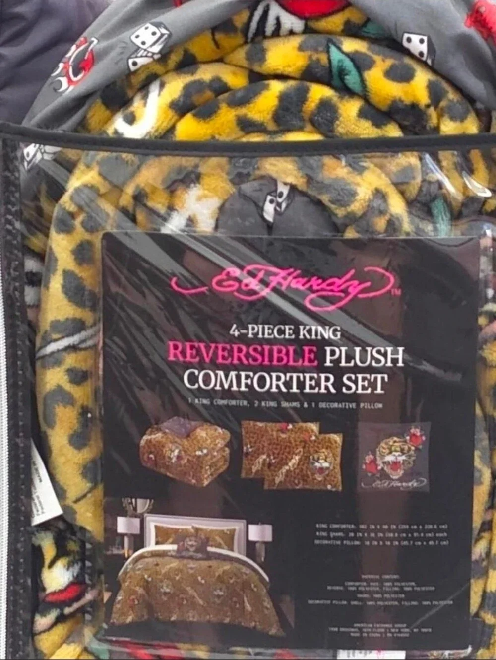 Ed Hardy KING 4 Piece Leopard Tiger Reversible Plush Comforter Set New